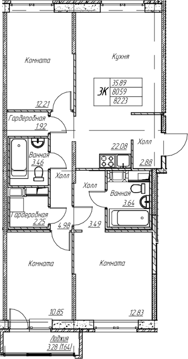 3-комнатная квартира 82.23 м², 11/22 эт., ЖК «Парк-квартал Юнтолово»